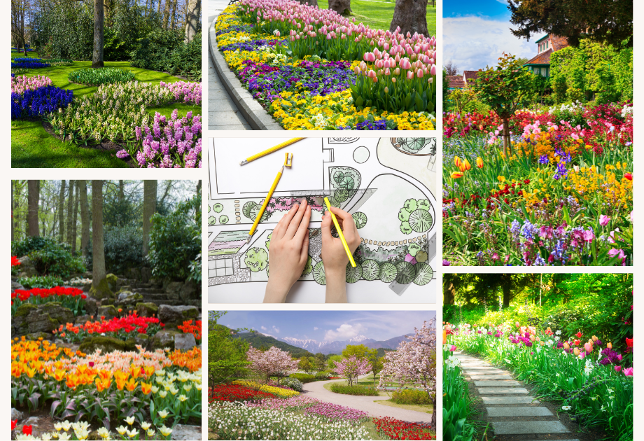 a collage of photos of gardens