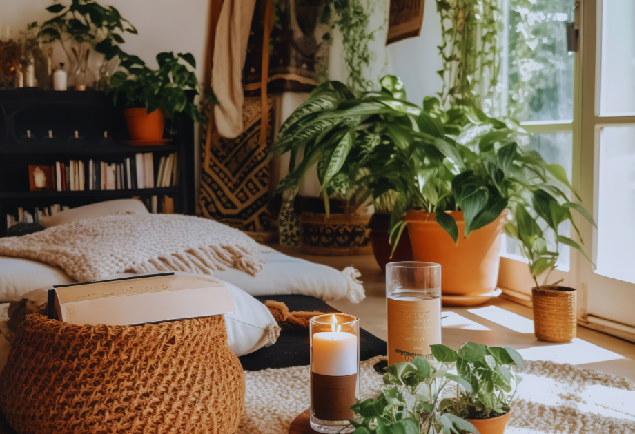 a living room with potted plants